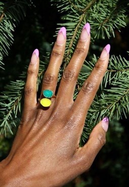 Green yellow agate druzy adjustable gold ring