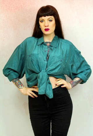 1990S VINTAGE BOTTLE GREEN PURE SILK OVERSIZED SHIRT