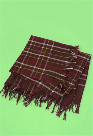 VINTAGE SQUARE FRINGE SCARF PLAID PATTERN BROWN GOLD