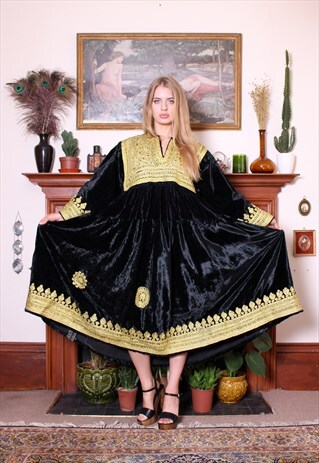 VINTAGE AFGHAN KUCHI TRIBAL BLACK VELVET EMBROIDERED DRESS