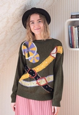 Khaki green patterned knitted jumper