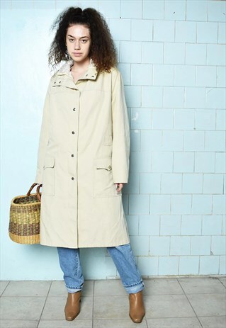VINTAGE 70S PARISIAN CARGO BEIGE PARKA COAT FAUX FUR LINED