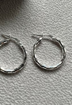 Silver 15mm Hoop, Checkerboard Design mens earrings