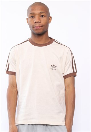 VINTAGE ADIDAS 3 STRIPE BIG LOGO T-SHIRT BEIGE