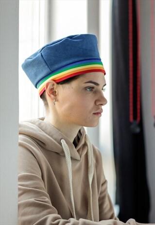 DENIM BERET HAT IN BLUE WITH RAINBOW