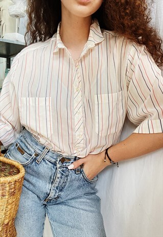 VINTAGE 70S PASTEL STRIPED MILKMAID HAUTE BOHEME BLOUSE TOP