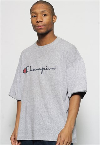 VINTAGE CHAMPION SPELL OUT LOGO HEAVY T-SHIRT GREY