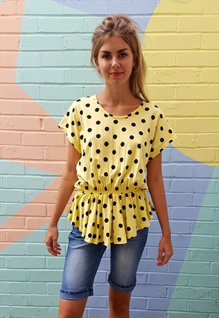 YELLOW 80S T SHIRT TOP WITH BLACK POLKA DOTS & FRILL HEM