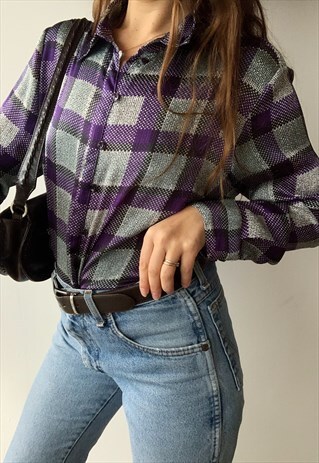 VINTAGE 90S TARTAN CHECKED SHIMMER SATIN SHIRT BLOUSE TOP