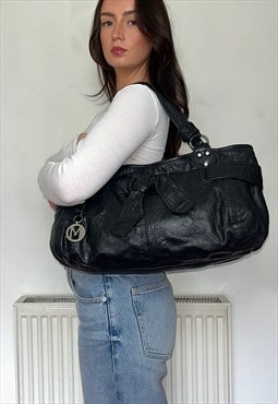 Black Leather Vintage Oversized Shoulder Bag