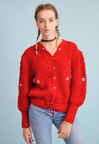 70'S RETRO FLORAL EMBROIDERY CHUNKY KNIT CARDIGAN