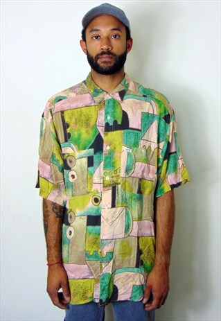 GUESS 80S 90S LUXURY SILK FEEL ABSTRACT PATTERN SHIRT XL