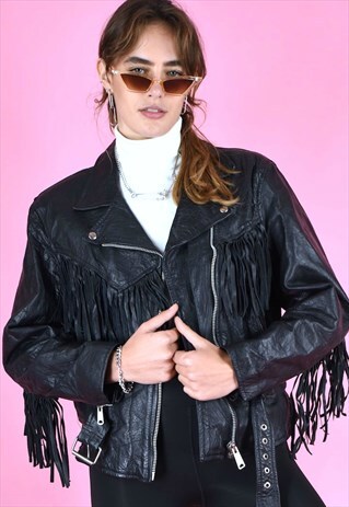 VINTAGE 90S LEATHER BIKER JACKET FRINGES BLACK