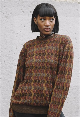 VINTAGE BROWN PATTERNED KNITWEAR JUMPER