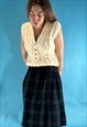 VINTAGE 1970S WOOL GREEN TARTAN PLEATED MIDI SKIRT