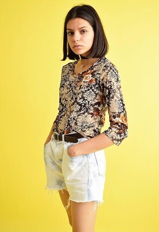 90'S BOHO FESTIVAL ABSTRACT PRINT MESH KITSCH TOP BLOUSE