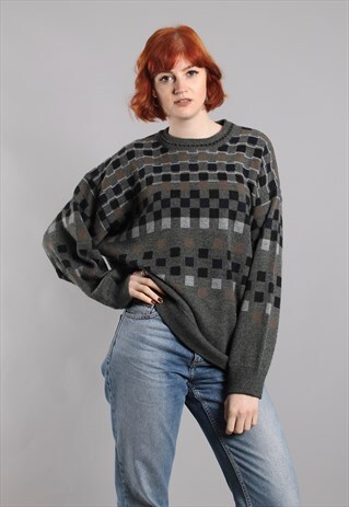 VINTAGE 80S GEOMETRIC PATTERNED SOFT KNIT OVERSIZE JUMPER