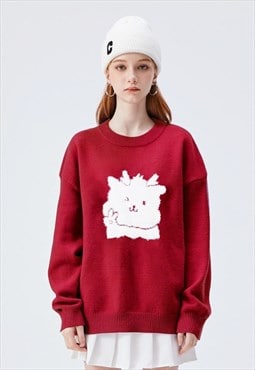 Deer sweater fluffy jumper soft knitted pullover in red 