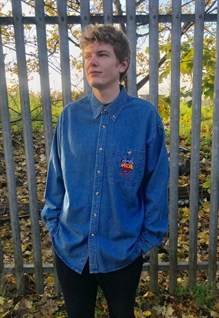 VINTAGE NASCAR MOTOR RACING 90'S BUTTON UP BLUE DENIM SHIRT