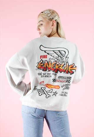 VINTAGE 90S Y2K GREY ENERGIE FIRE PRINT JUMPER SWEATSHIRT