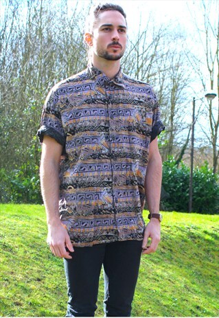 VINTAGE 80S ART AZTEC NERD SHIRT - LARGE - FESTIVAL - HIPPIE