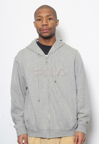 VINTAGE FILA EMBROIDERED FULL ZIP LOGO HOODIE GREY