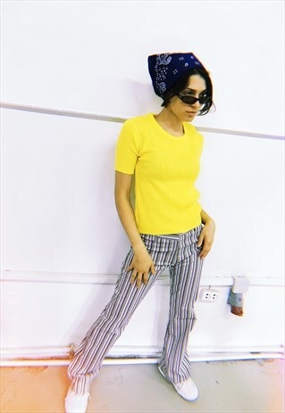 VINTAGE 70S FESTIVAL PARIS CHIC RIBBED KNIT TOP IN YELLOW