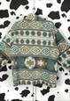 VINTAGE RETRO ABSTRACT PRINT FLUFFY TEDDY BEAR FLEECE JACKET