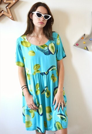 VINTAGE 90'S AVOCADO FRUIT PRINT BABYDOLL DRESS