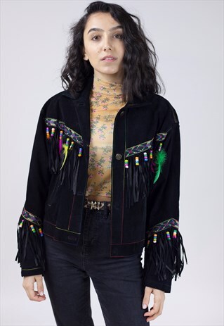 VINTAGE 90'S BEADED TASSEL BLACK SUEDE JACKET