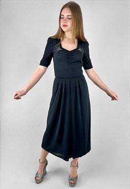 Vintage 70's Black Diamante Short Sleeve Midi Dress