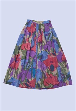 Vintage Multicoloured Floral High Waist Midi Pleated Skirt