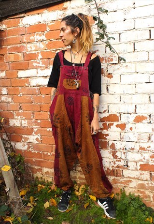 FAIRTRADE ORANGE & BURGUNDY BLOCK PRINT OVERALLS DUNGAREES