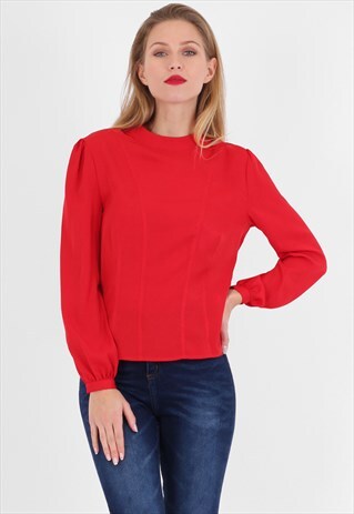 RED MANDARIN COLLAR BALLOON SLEEVES TOP