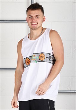Vintage Basketball Vest in White Sleeveless Sports Tee XL