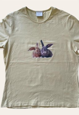 Cute Vintage T Shirt In Yellow Bunny Print 00s Y2K UK 16