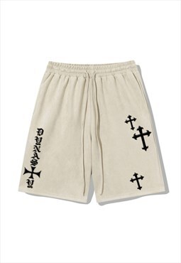 Cream Crosses Embroidered Suede Oversized Shorts Y2k