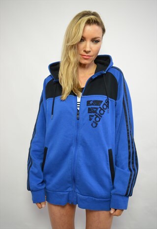 VINTAGE 90S ADIDAS OVERSIZED BLUE & BLACK HOODED SWEATSHIRT