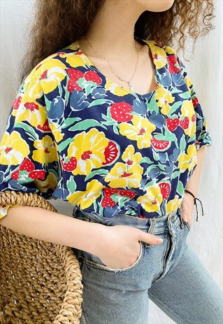 VINTAGE 80S WATERMELON STRAWBERRY PRINT BLOUSE TOP TEE BOHO