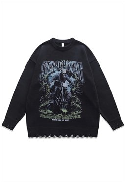 Biker sweater motorcycle jumper ripped knitted skeleton top 