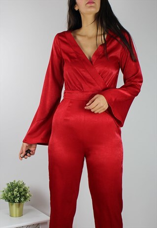 VINTAGE JUMPSUIT W WRAP FRONT & FLARE SLEEVES