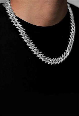 24" 14mm Thistle Spike Diamond Iced Necklace Chain - Silver