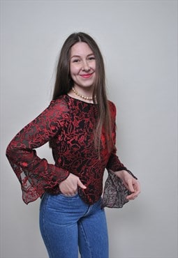 Red abstract blouse, wide sleeve blouse, vintage pullover