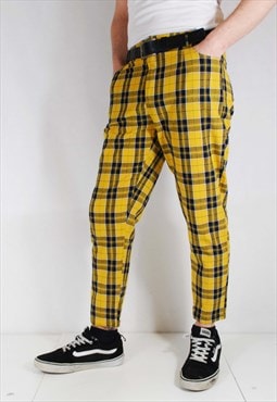 Tartan Trousers Mens Straight Leg Lined Bespoke Check Yellow
