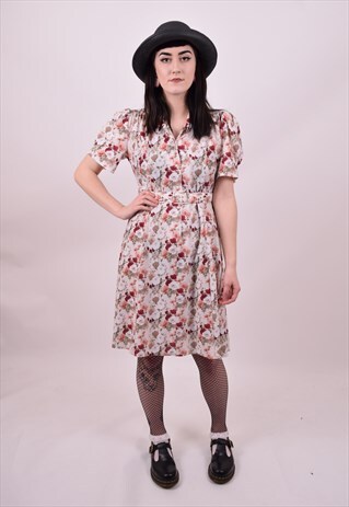VINTAGE 70'S CREAM FLOWER PRINT DRESS SIZE 8 10 12