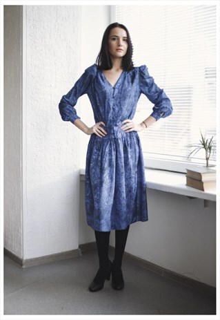VINTAGE 80'S MIDI BLUE PATTERNED DRESS