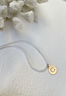 Gold Letter Faux Pearl Initial  C Charm Pendant  Necklace