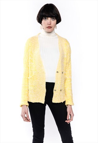 FINE KNIT V NECK CARDIGAN WITH POCKETS IN YELLOW