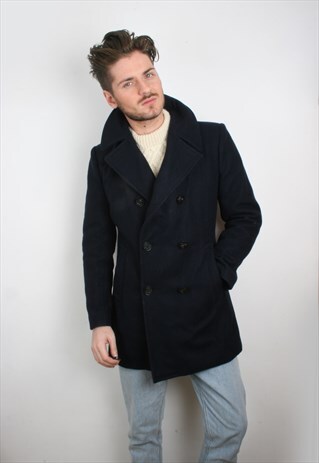 VINTAGE NAVY BLUE WOOL MIX DOUBLE BREASTED PEA JACKET COAT