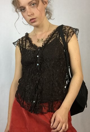 90S BROWN BUTTON UP BLOUSE/ TOP